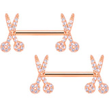 14G 1/2 Clear CZ Gem Rose Gold Tone Scissors Nipple Ring Set