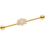 14G Clear CZ Gem Gold Tone Lotus Flower Industrial Barbell 38mm