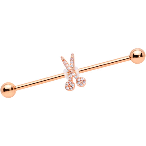 14G Clear CZ Gem Rose Gold Tone Scissors Industrial Barbell 38mm
