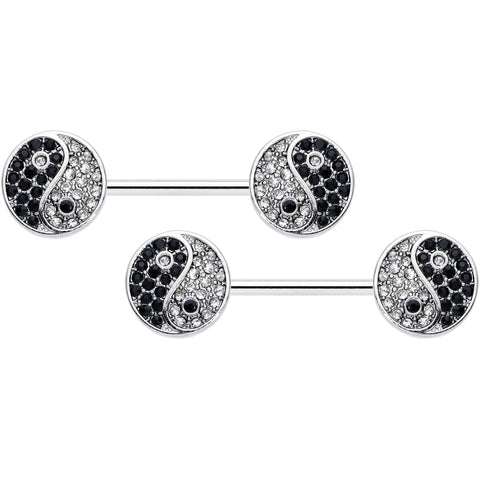 14G 9/16 Clear Black Gem Yin Yang Barbell Nipple Ring Set