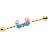 14G Aqua Pink Gem Gold Tone Bikini Top Industrial Barbell 38mm