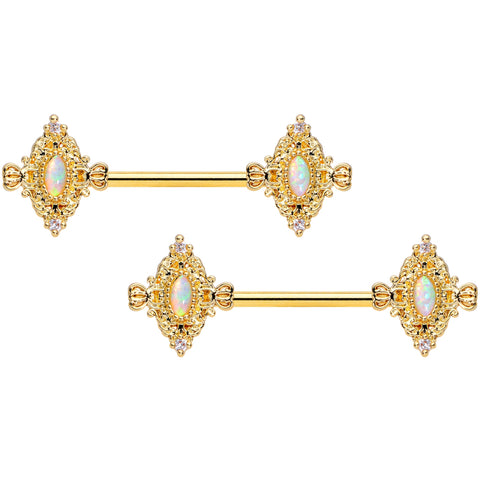 14G 9/16 White Synthetic Opal Gold Tone Barbell Nipple Ring Set
