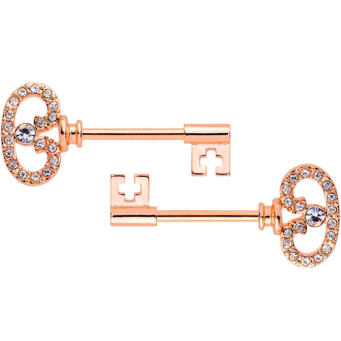 14G 9/16 Clear CZ Gem Rose Gold Tone Key Nipple Ring Set