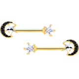 14G 5/8 Clear CZ Gem Gold Tone Black Moon Barbell Nipple Ring Set