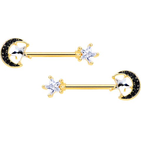 14G 5/8 Clear CZ Gem Gold Tone Black Moon Barbell Nipple Ring Set