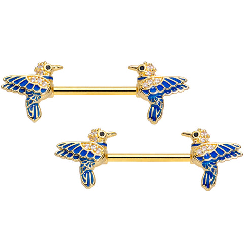 14G 5/8 Clear Gem Gold Tone Blue Bird Barbell Nipple Ring Set