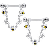 14G 5/8 Little Bees Flowers Dangle Barbell Nipple Ring Set