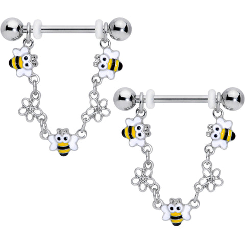 14G 5/8 Little Bees Flowers Dangle Barbell Nipple Ring Set
