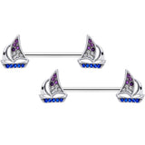 14G 5/8 Blue Purple Clear Gem Sailboat Barbell Nipple Ring Set
