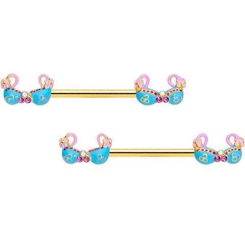 14G 5/8 Pink Gem Gold Tone Bikini Top Barbell Nipple Ring Set