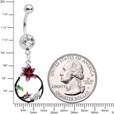 Clear Gem Black Hoop Pink Flower Dangle Belly Ring