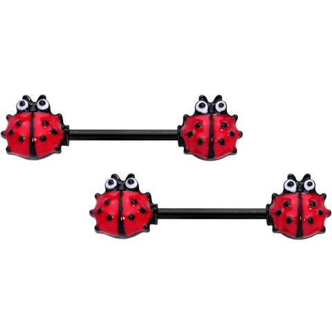14G 9/16 Red Whimsical Ladybug Barbell Nipple Ring Set