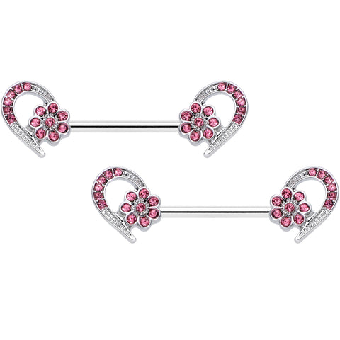 14G 9/16 Pink Gem Flower Heart Barbell Nipple Ring Set