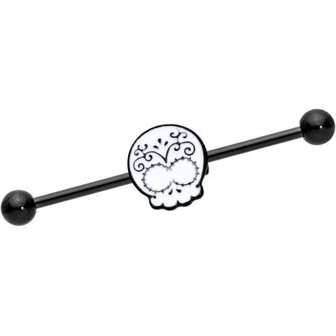 14G Black White Calavera Sugar Skull Industrial Barbell 38mm
