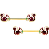 14G 9/16 Gold Tone Snacking Squirrel Barbell Nipple Ring Set