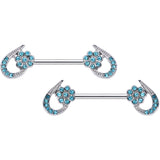14G 5/8 Aqua Gem Heart Flower Barbell Nipple Ring Set