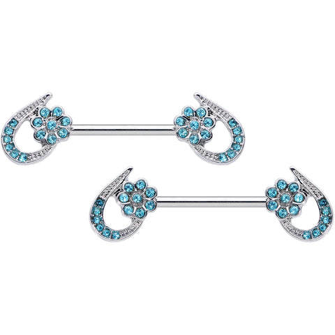 14G 5/8 Aqua Gem Heart Flower Barbell Nipple Ring Set