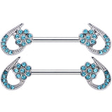 14G 5/8 Aqua Gem Heart Flower Barbell Nipple Ring Set