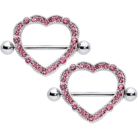 14G 9/16 Pink Gem Love Hearts Nipple Shield Set