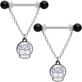14G 11/16 Black UV Ball Sugar Skull Chain Dangle Nipple Ring Set
