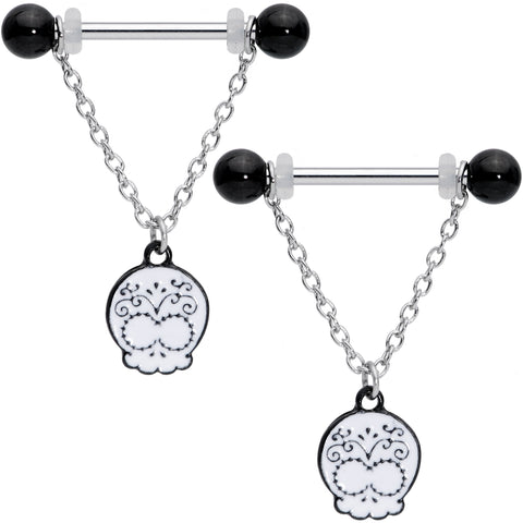 14G 11/16 Black UV Ball Sugar Skull Chain Dangle Nipple Ring Set