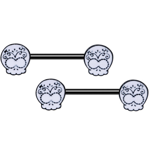 14G 9/16 Black Calavera Sugar Skull Barbell Nipple Ring Set