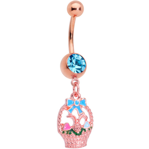 Aqua Gem Rose Gold Tone Easter Basket Dangle Belly Ring