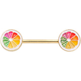 14G 5/8 Gold Tone Rainbow Grapefruit Barbell Nipple Ring Set