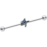 14G Aqua Blue Clear Gem Starfish Industrial Barbell 38mm