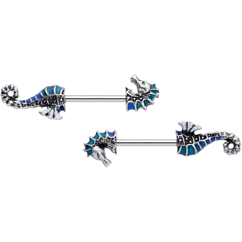 14G 9/16 Nautical Seahorse Barbell Nipple Ring Set