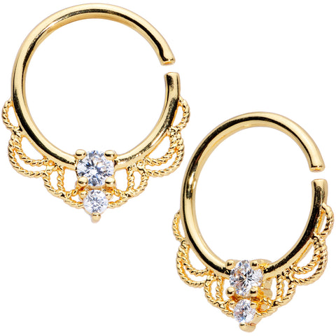 14G 9/16 Clear CZ Gem Gold Tone Lacy Love Nipple Ring Set