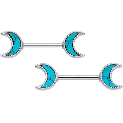 14G 9/16 Faux Turquoise Crescent Moon Barbell Nipple Ring Set
