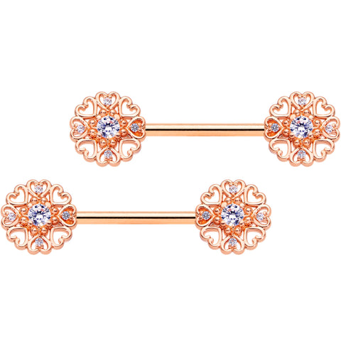 14G 9/16 Clear CZ Gem Rose Gold Hue Heart Barbell Nipple Ring Set