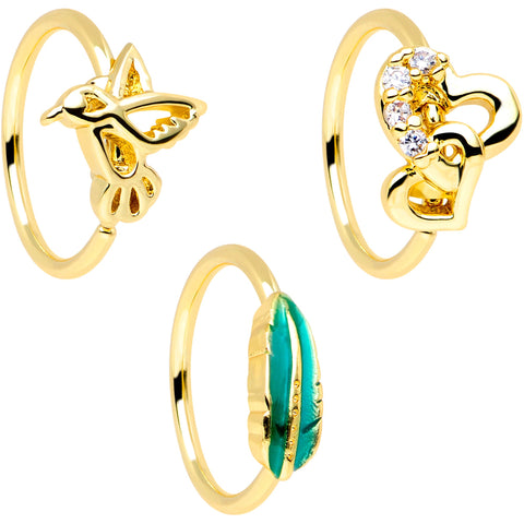 20G 5/16 Clear CZ Gem Gold Tone Bird Heart Nose Hoop Set of 3