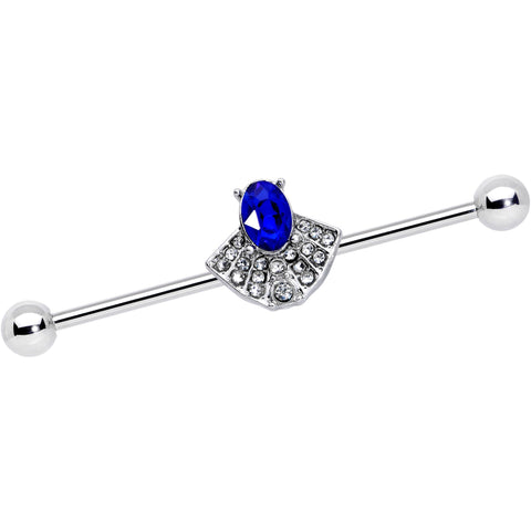 14G Blue Clear Gem Art Deco Fan Industrial Barbell 38mm