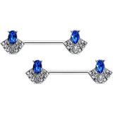 14G 5/8 Blue Clear Gem Art Deco Fan Barbell Nipple Ring Set