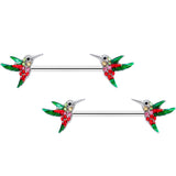 14G 9/16 Red Pink Gem Green Hummingbird Barbell Nipple Ring Set