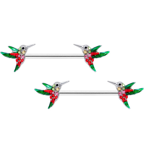 14G 9/16 Red Pink Gem Green Hummingbird Barbell Nipple Ring Set