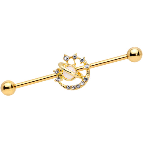 14G Clear Gem Gold Tone Saturn Moon Industrial Barbell 38mm