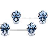 14G 5/8 Blue White Faux Opal Ornate Barbell Nipple Ring Set