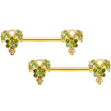 14G 9/16 Green Gem Gold Tone Bunch Grapes Barbell Nipple Ring Set