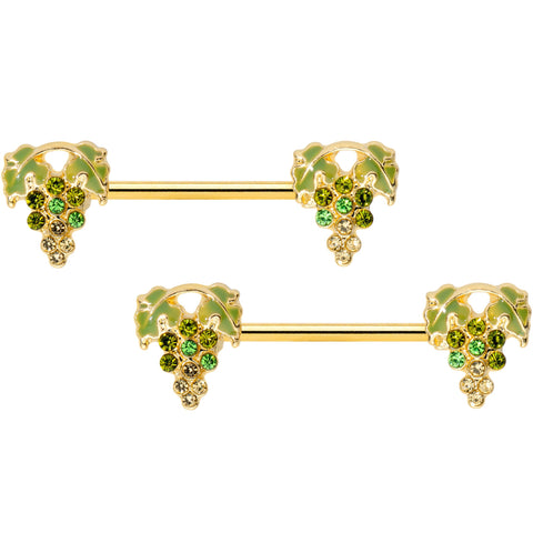 14G 9/16 Green Gem Gold Tone Bunch Grapes Barbell Nipple Ring Set