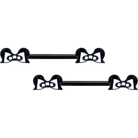 14G 9/16 Black White Formal Bow Barbell Nipple Ring Set