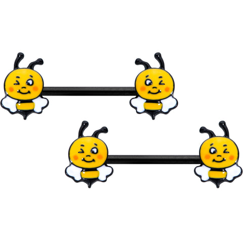 14G 9/16 Black Yellow Winking Bee Barbell Nipple Ring Set