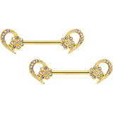 14G 9/16 Clear Gem Gold Tone Flower Heart Barbell Nipple Ring Set