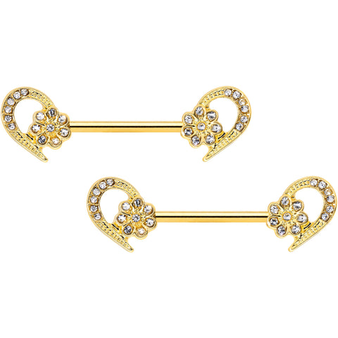 14G 9/16 Clear Gem Gold Tone Flower Heart Barbell Nipple Ring Set