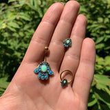 20G 5/16 Gold Tone Aqua Ornate Hamsa Hand Nose Hoop