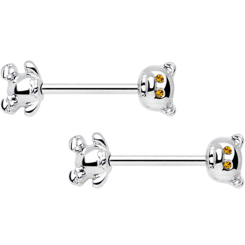 14G 9/16 Yellow Gem Teddy Bear Barbell Nipple Ring Set