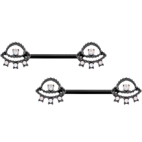 14G 9/16 White Faux Opal Black UFO Barbell Nipple Ring Set