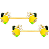 14G 9/16 Gold Tone Lemon Bee Barbell Nipple Ring Set